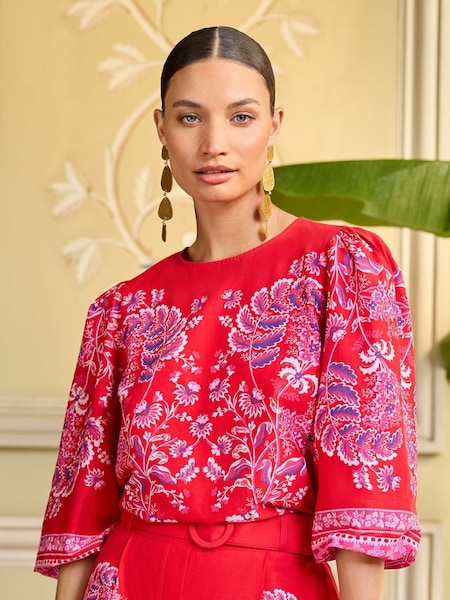 Roşu Paisley - V&A | Love & Roses Printed Mânecă bufantă Guler rotund Top (Q77558) | 283 LEI