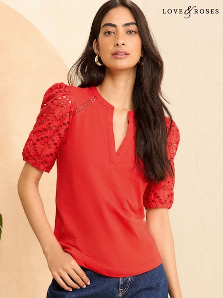 Roşu chilli - Love & Roses brodate Mânecă scurtă Guler în V Jerseu top (Q77566) | 100 LEI
