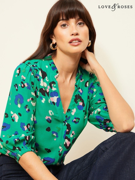 Verde - <span translate="no">Love & Roses</span> Volănașe V Decol 3/4 Sleeve Cu nasturi Bluse (Q77576) | 129 LEI