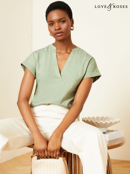 Love & Roses Jersey V Neck Woven Trim Short Sleeve T-Shirt (Q77589) | 91 LEI