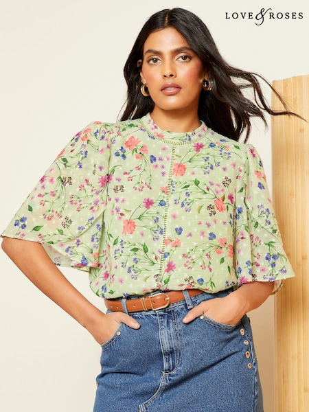 Love & Roses Floral Printed Dobby Flutter Sleeve Blouse (Q77597) | 268 LEI