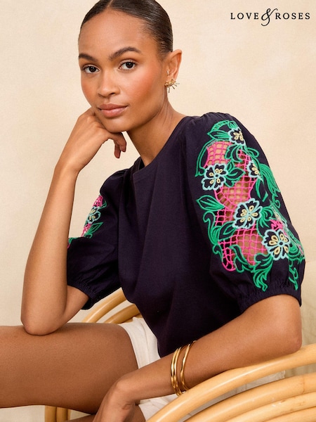 Navy Blue - Love & Roses Cutwork Detail Puff Sleeve Jersey T-Shirt (Q77600) | 103 LEI
