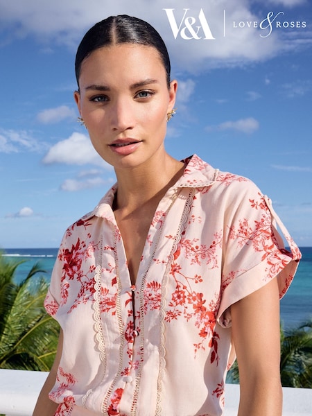 V&A | Love & Roses Contains Linen Printed Lace Trim Button Through Shirt (Q77602) | 125 LEI