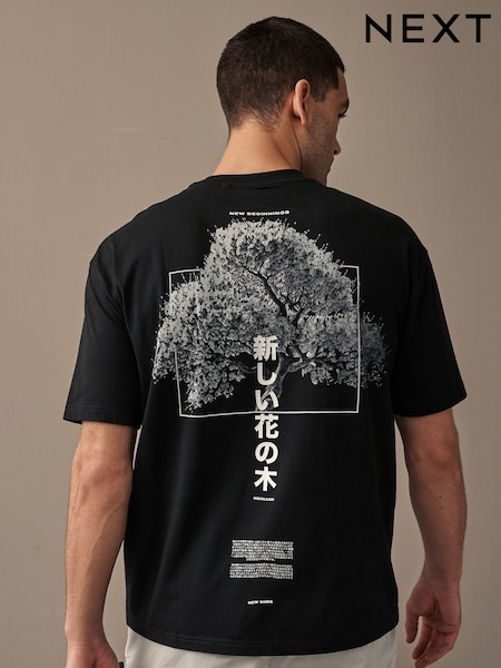Black Relaxed Fit 100% Cotton Japanese Back Print Graphic T-Shirt (Q77643) | €11