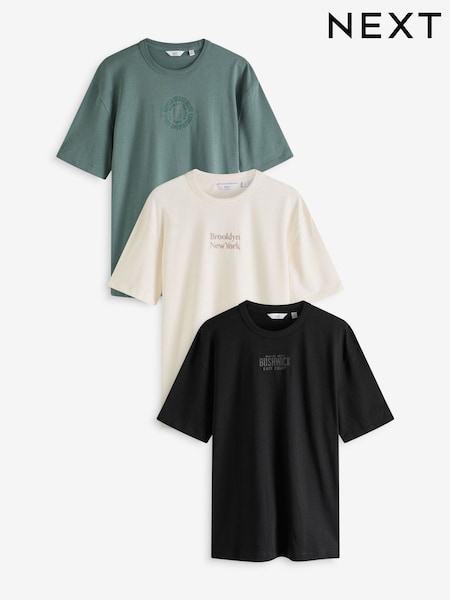 Siva/zelena/črna - Relaxed Fit Graphic Heavyweight 100% Cotton T-Shirts 3 Pack (Q77661) | € 32
