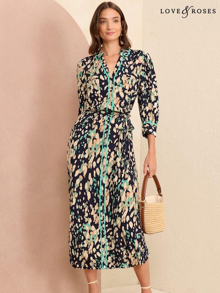 Love & Roses Navy Blue Petite Printed Patch Pockets Shirt Dress (Q77704) | €40