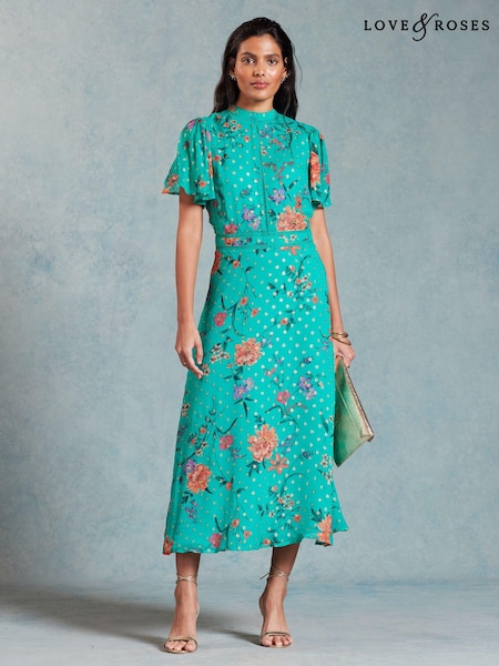 Love & Roses Printed Metallic Flutter Sleeve Midi Dress (Q77724) | 514 LEI