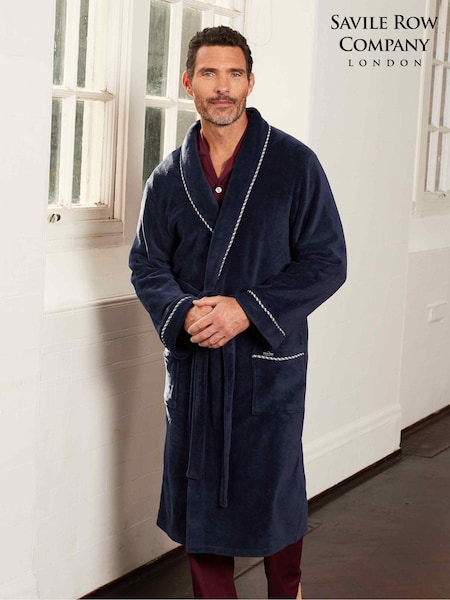 Savile Row Company Blue Fleece Dressing Gown With Piping (Q77802) | €66