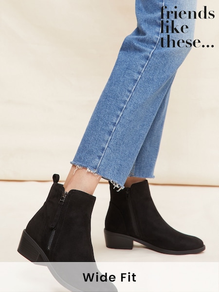 Friends Like These Black Wide Fit Mid Block Heeled Side Zip Boots (Q77893) | AED111