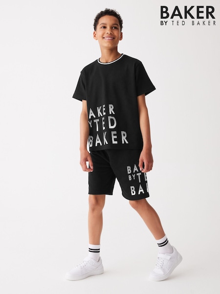 Baker by Ted Baker 100% Cotton Graphic Black T-Shirt and Shorts Set (Q77897) | €42 - €52