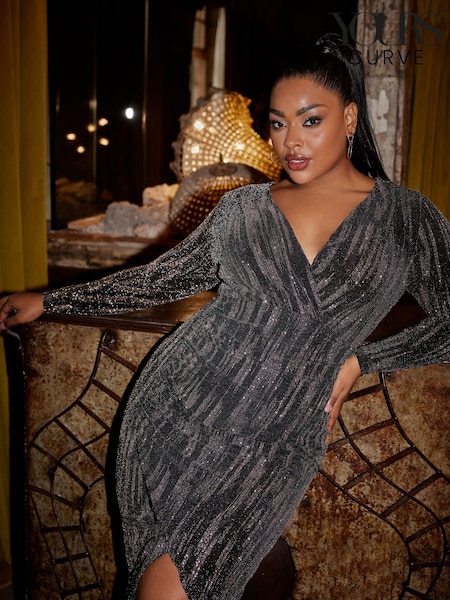 Yours Curve Black London Glitter Wrap Dress (Q78054) | €17.50