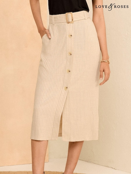Love & Roses Tailored Pinstripe Belted Button Through Midi Skirt With Linen (Q78066) | 167 LEI