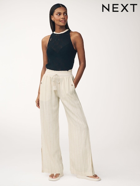 Neutral Linen Blend Shirred Waist Stripe Trousers (Q78087) | €15