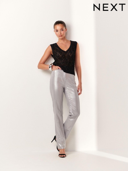 Silver Linen Blend 4 Pocket Straight Leg Trousers (Q78088) | €13