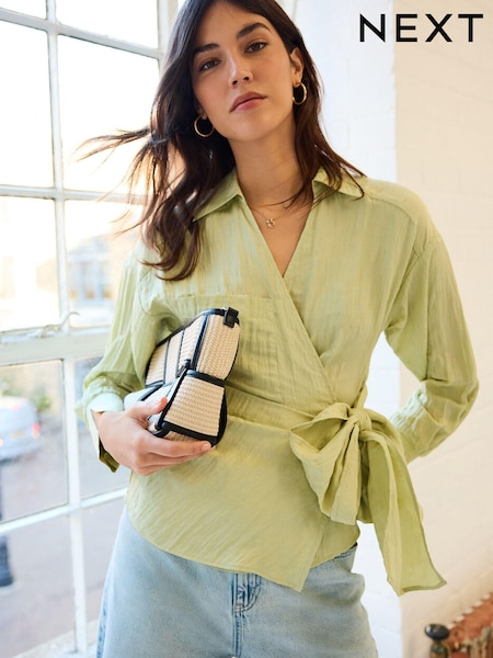 Зеленый - Crinkle Long Sleeve Wrap Shirt (Q78094) | €11