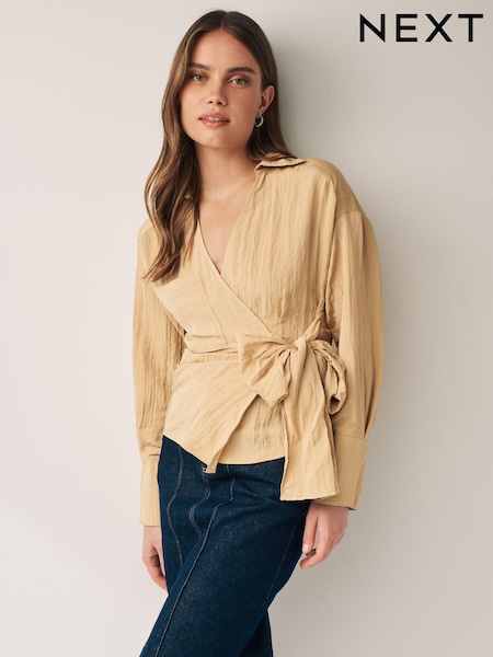 Hellbraun - Crinkle Long Sleeve Wrap Shirt (Q78095) | 6 €