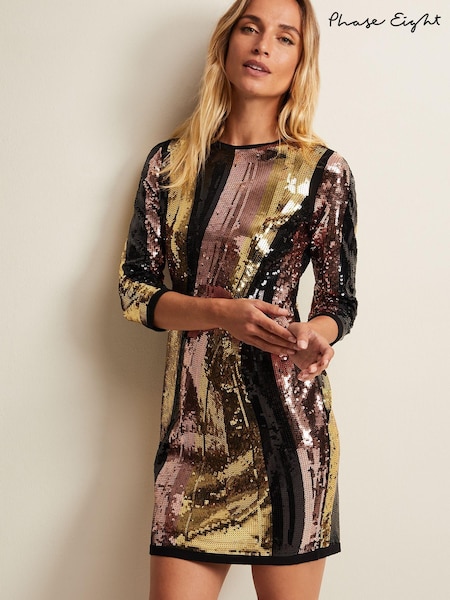 Phase Eight Multi Cassey Rainbow Wave Sequin Black Dress (Q78108) | €95