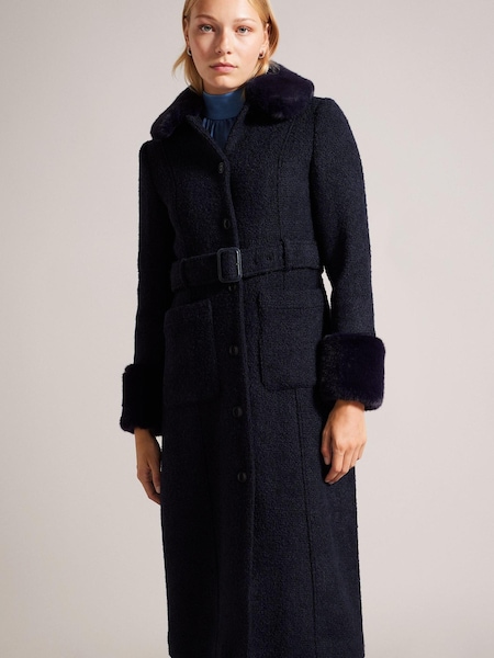 Ted Baker Slim Fit Lyddiia Blue Coat With Faux Fur Collar And Cuffs (Q78129) | €191