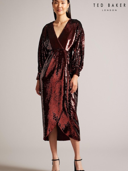 Ted Baker Red Emaleee Plunge Neck Sequin Midi Dress (Q78135) | €185