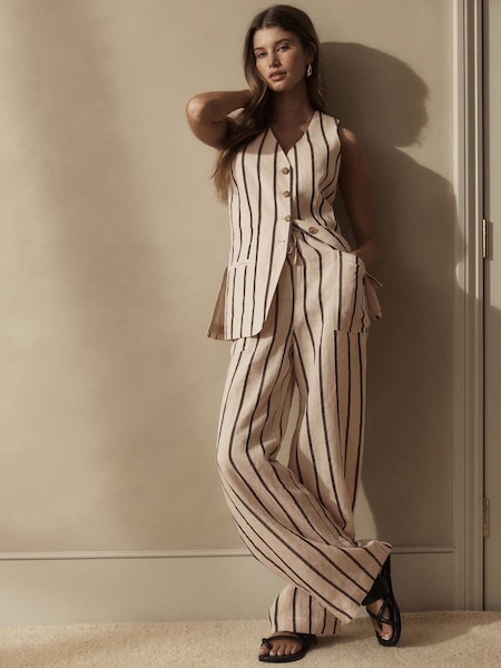 Светло-бежевый - Ramie Blend Wide Leg Stripe Trousers (Q78485) | €9