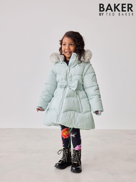 Baker by Ted Baker Mint Green Shower Resistant Bow Belted Padded Coat (Q78512) | $97 - $101