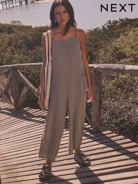 Taupe Premium 100% Linen Romper Wide Leg Jumpsuit (Q78612) | €36