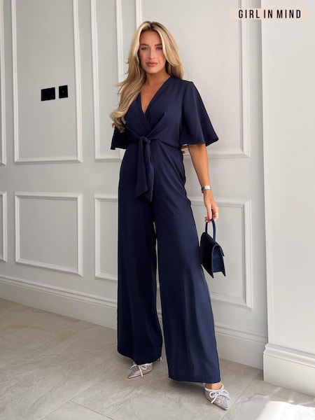 Girl In Mind Navy Viola Wrap Tie Detail Wide Leg Jumpsuit (Q78662) | €30