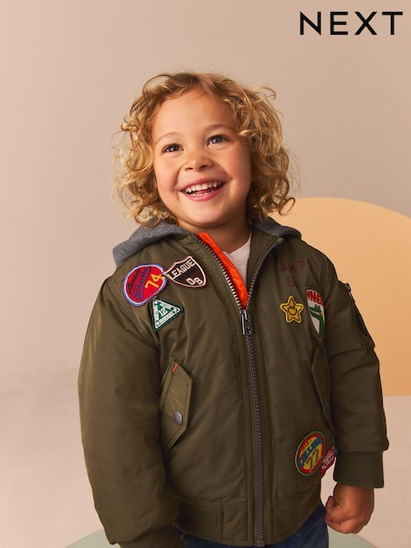 Khaki Green Badged Bomber Jacket with Jersey Hood (3mths-7yrs) (Q78683) | R$ 295 - R$ 335