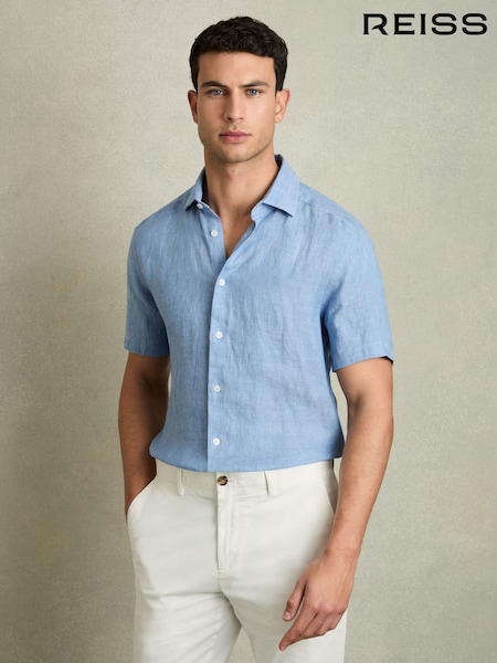 Reiss Sky Blue Holiday Slim Fit Linen Shirt (Q78777) | $180