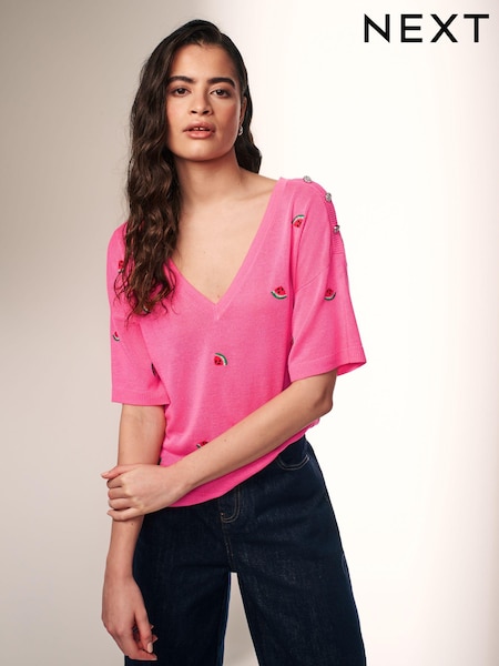 Bright Pink V-Neck Gem Button Linen T-Shirt (Q78780) | €9