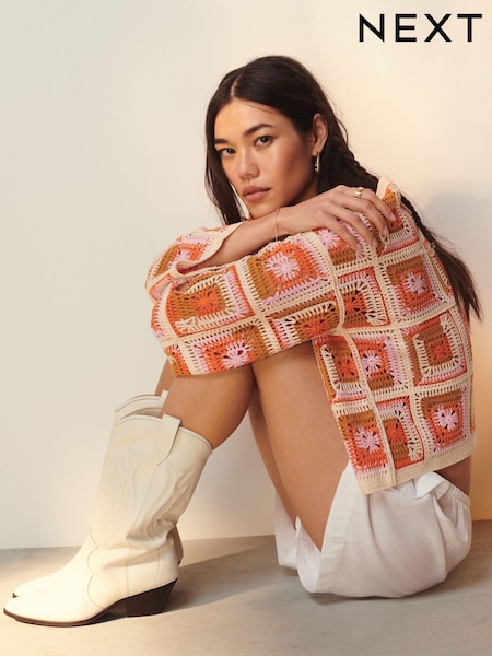 Orange Long Sleeve Square Crochet Knitted Jumper (Q78785) | € 13