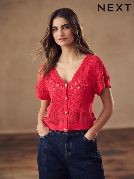 Rot - 100% Cotton Short Sleeve Knitted Button Top (Q78800) | 15 €