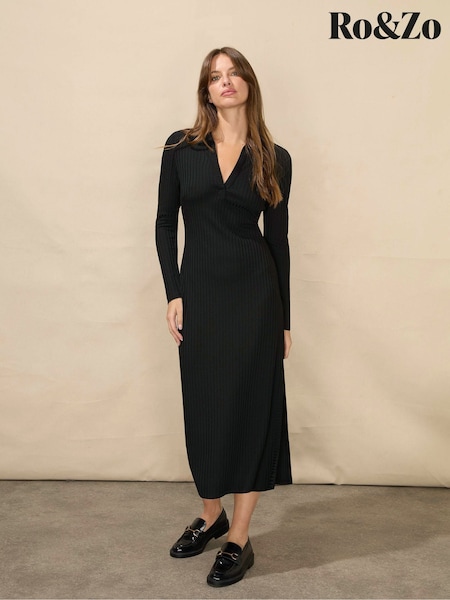 Ro&Zo Collared Rib Jersey Black Dress (Q79067) | €28