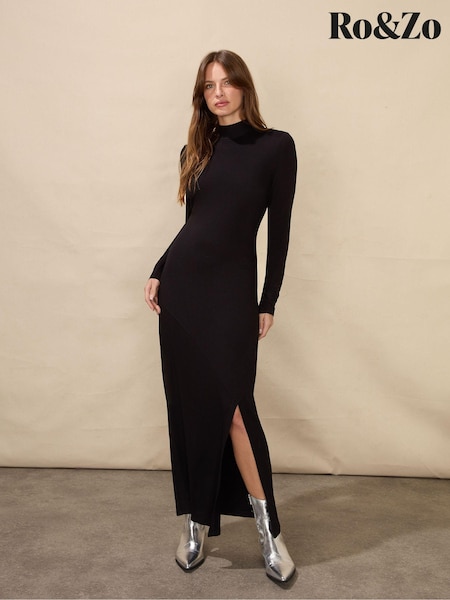 Ro&Zo High Neck Split Leg Jersey Black Dress (Q79069) | €44