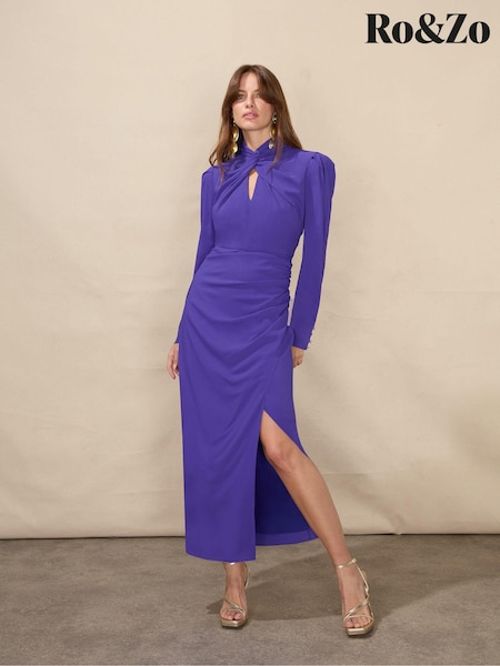 Ro&Zo Allegra Purple Crepe Twist Neck Midi Dress (Q79098) | €95