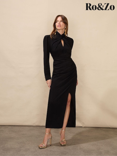 Ro&Zo Allegra Crepe Twist Neck Midi Black Dress (Q79100) | €52