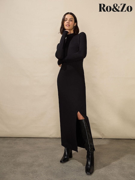 Ro&Zo Petite High Neck Split Leg Jersey Black Dress (Q79101) | €53