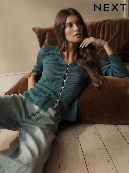 Albastru turcoaz - 100% Linen Button Through Knitted Cardigan (Q79154) | 223 LEI