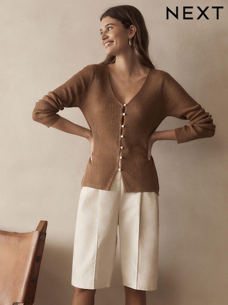 Maro - 100% Linen Button Through Knitted Cardigan (Q79186) | 223 LEI