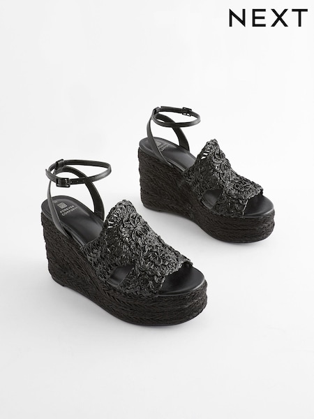 Black Forever Comfort® Raffia High Wedges (Q80391) | €24