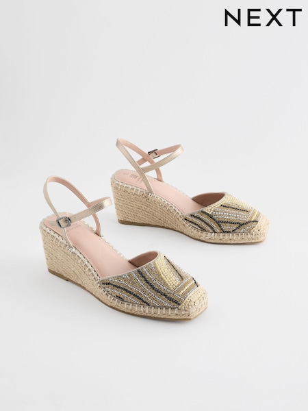 Metallic Forever Comfort® Square Toe Beaded Espadrille Wedges (Q80392) | €30