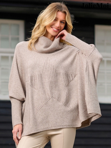 Natural - Jolie Moi Star Front Guler întors Knit Pulover (Q80487) | 243 LEI