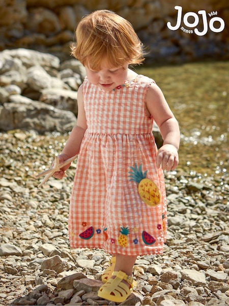 JoJo Maman Bébé Orange Pineapple Appliqué Gingham Summer Dress (Q80623) | €42