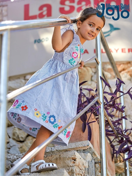 JoJo Maman Bébé Navy White Stripe Floral Appliqué Pretty Summer Dress (Q80636) | €40
