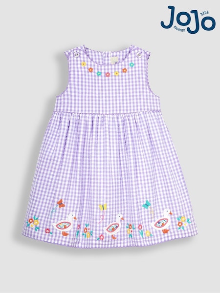 JoJo Maman Bébé Lilac Purple Duck Appliqué Gingham Summer Dress (Q80652) | €40