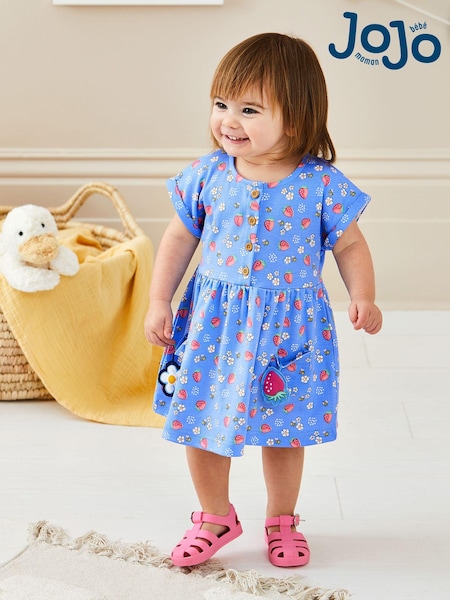 JoJo Maman Bébé Blue Strawberry & Bee Button Front Pet In Pocket Jersey Dress (Q80718) | €39