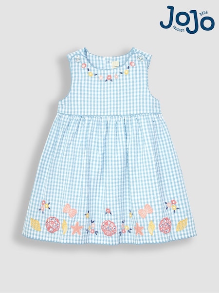 JoJo Maman Bébé Blue Nautical Appliqué Gingham Summer Dress (Q80725) | €21.50