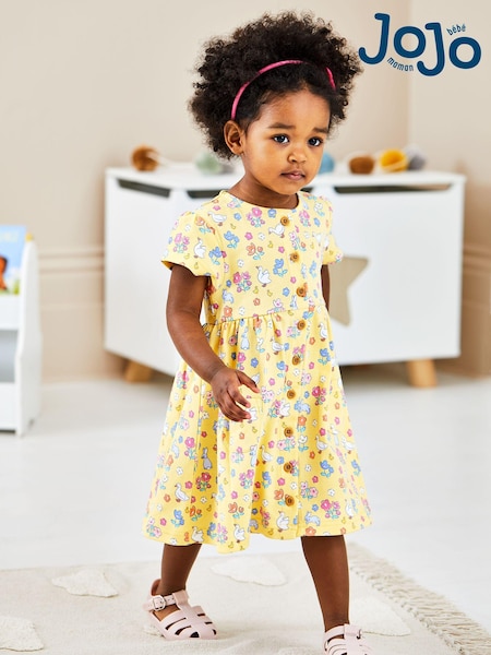JoJo Maman Bébé Yellow Bunny & Duck Button Through Pet In Pocket Jersey Dress (Q80728) | €39