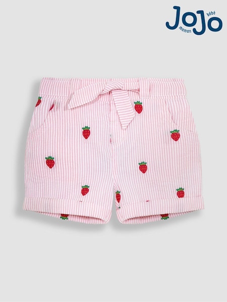 JoJo Maman Bébé Pink Strawberry Embroidered Seersucker Pretty Shorts (Q80744) | €31
