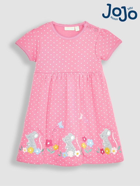 JoJo Maman Bébé Pink Mouse Spot Appliqué Hem Jersey Dress (Q80768) | € 34